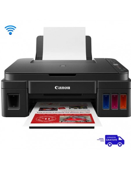 Imprimante à Réservoir Intégré Canon Pixma G3410 - Vue de face, design compact pour une intégration facile. Imprimante à Réservoir Intégré Canon Pixma G3410 - Vue de face, design compact pour une intégration facile.