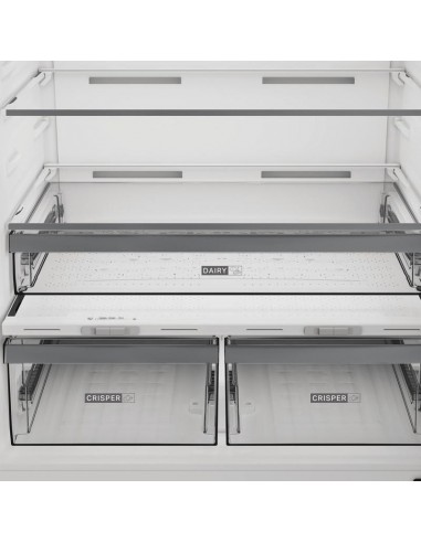 Réfrigérateur Whirlpool Combiné WBMF836573XNA porte ouverte aliments frais Réfrigérateur Whirlpool Combiné WBMF836573XNA porte ouverte aliments frais
