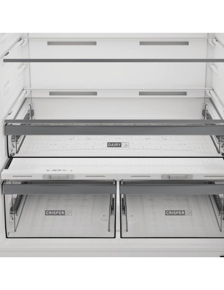 Réfrigérateur Whirlpool Combiné WBMF836573XNA porte ouverte aliments frais Réfrigérateur Whirlpool Combiné WBMF836573XNA porte ouverte aliments frais