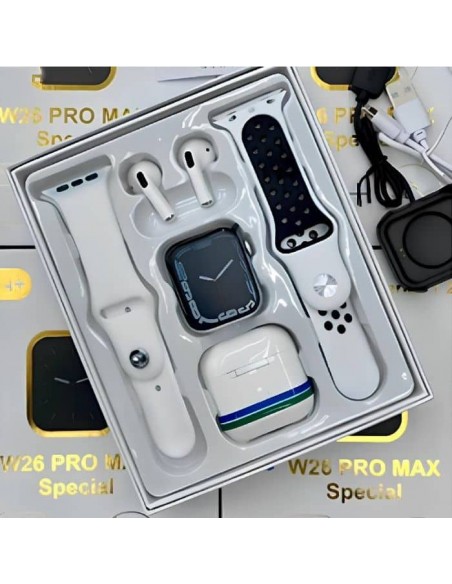 Coffret W26 PRO MAX Montre Connectée + Airpods + 2 Ceintures – Blanc