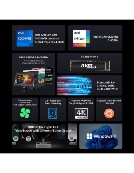 BMAX B9 Plus Intel i5 1250P/24Go LPDDR5/512Go NVMe SSD W11(B9 PLUS)