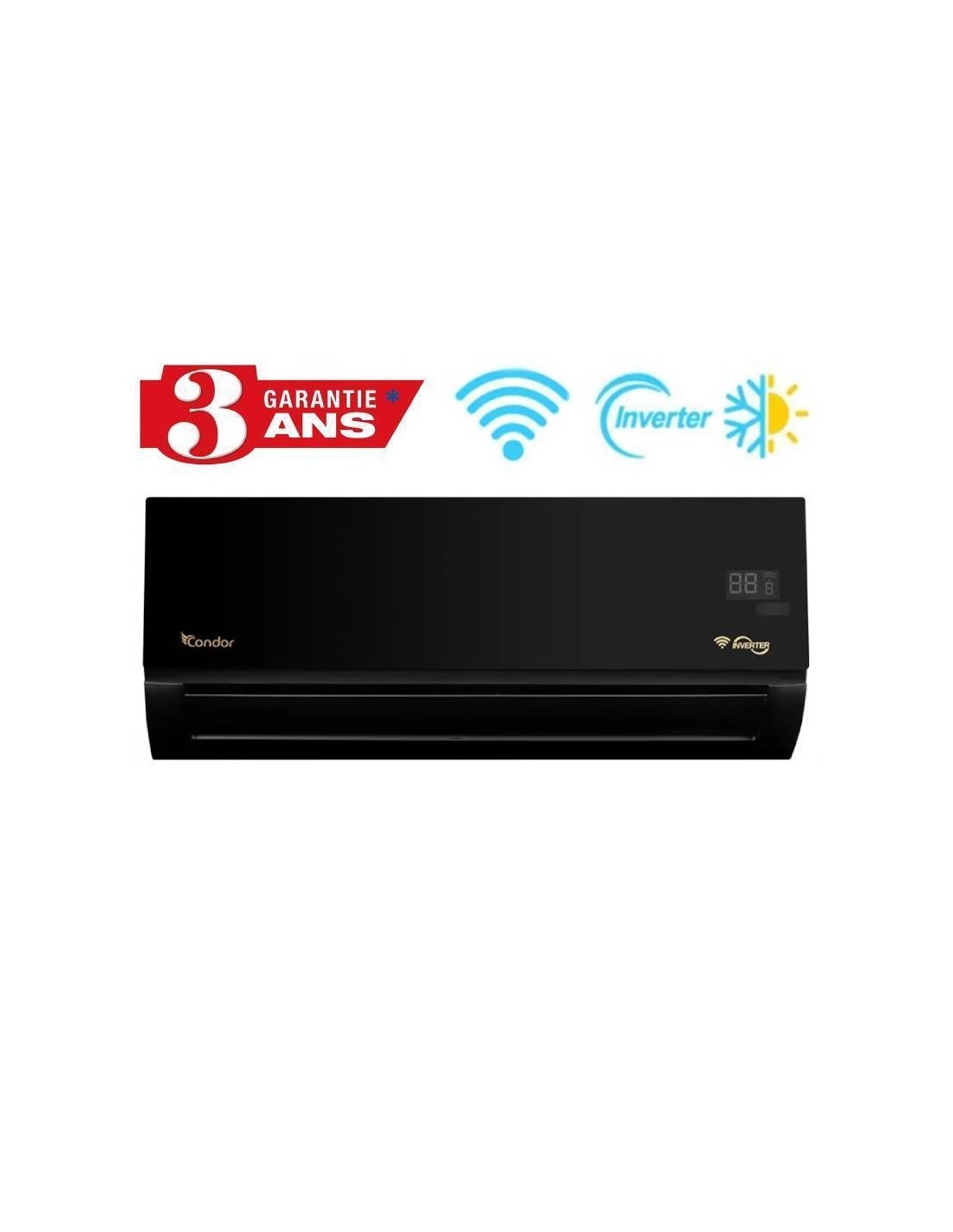 Climatiseur Condor Inverter 12000 BTU installé dans un salon moderne noir