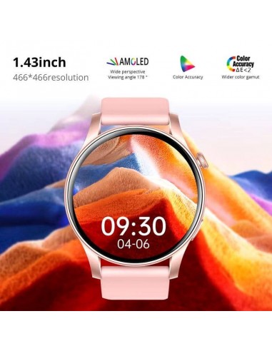Smartwatch rose femme affichant le suivi santé quotidien