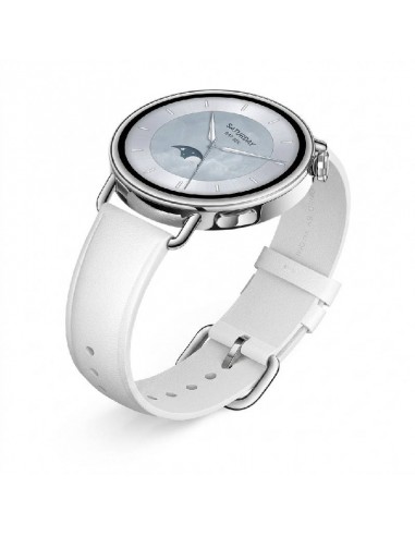 Montre connectée Xiaomi blanche vue de face sur fond clair Montre connectée Xiaomi blanche vue de face sur fond clair
