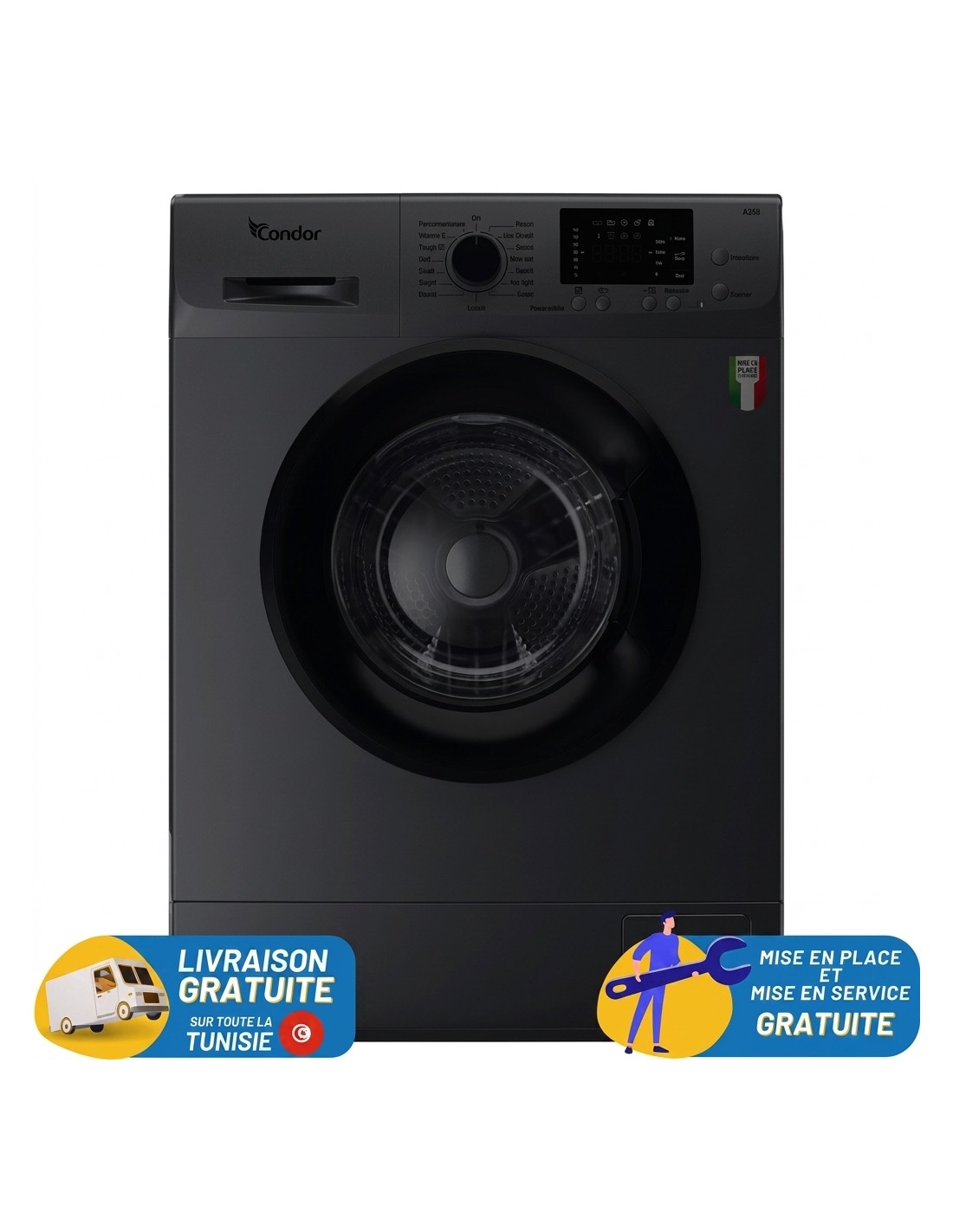 Lave linge Condor CON-F610LB 6 kg noir vue frontale