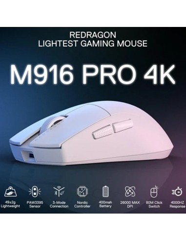 Souris Gamer Redragon K1NG Sans-Fil 4K Pro M916 PRO Blanc(M916W-PRO-4k)