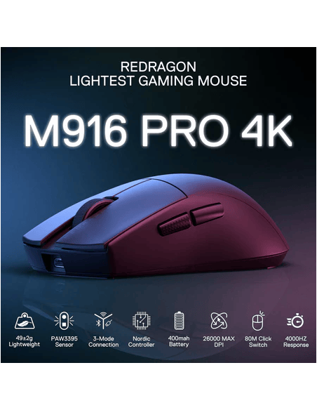 Souris Gamer Redragon K1NG Sans-Fil 4K PRO M916 PRO Noir(M916-PRO-4k)
