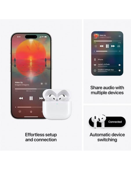 Airpods 4 avec autonomie prolongée et connectivité Bluetooth 5.3, recharge sans fil.