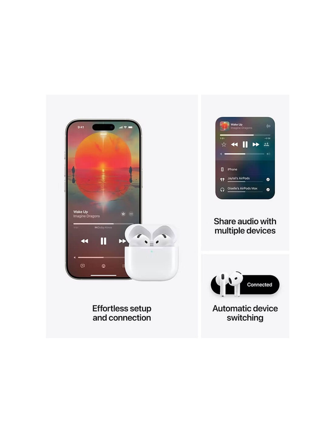 Accessoires Airpods 4, écouteurs Apple sans fil, et chargeur rapide USB-C.