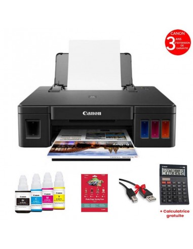 Imprimante Canon G2410 avec bouteilles d’encre, calculatrice et pack papier photo