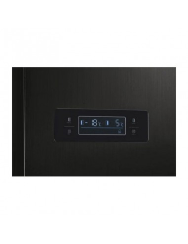 Réfrigérateur double porte Hoover noir inox vue cuisine moderne équipée