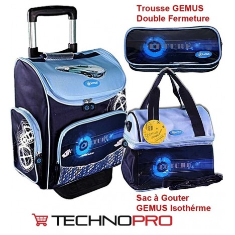 Pack Sac à Dos Scolaire trapèze GEMUS + Sac à Gouter + Trousse Bleu