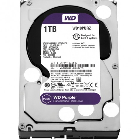 Disque Dur Interne 3.5" Pour Video Surveillance Western Digital Purple 1 To (WD10PURZ)