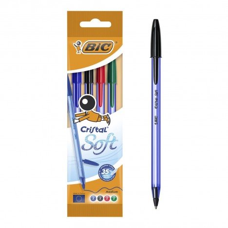 Pochette de 4 Stylos-Bille BIC Cristal Soft -couleurs assorties(918530)