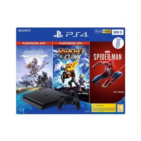 Console Sony PS4 500Go Noire + Jeu Marvel's Spiderman + Jeu Horizon Zero Draw + Jeu Rachet & Clank
