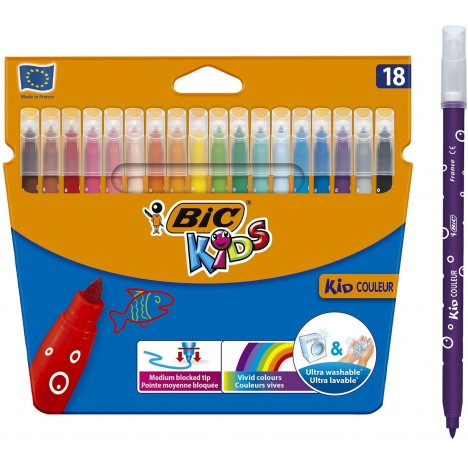 Paquet de 18 marqueurs Kids Couleur Felt Tip Colouring Pens Medium Point - Assorted Colors BIC ( 937508)