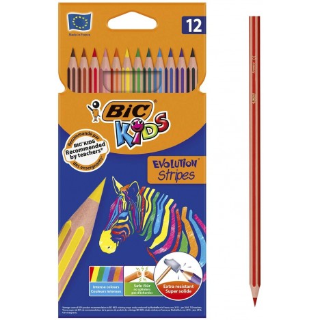 Paquet de 12 Crayons de couleur BIC Kids Evolution Rayures – Couleurs assorties (950522)