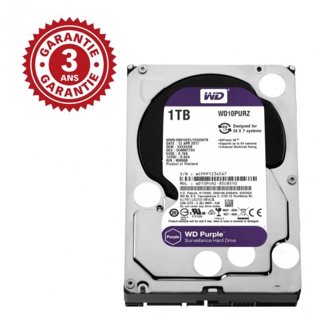 Disque Dur Interne 3.5" Pour Video Surveillance Western Digital Purple 1 To (WD10PURZ)