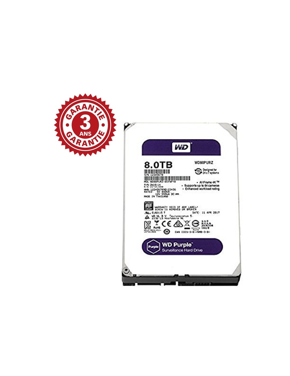 Disque Dur Interne 8 TO 3.5 - Vidéo Surveillance Western Purple (WD80PURX )