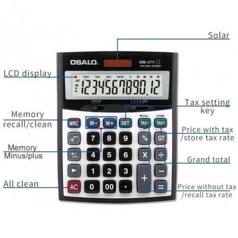 Calculatrice de bureau 12 chiffres OSALO -(OS-2TV)