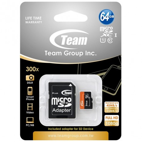 Carte Mémoire Team Micro SDXC 64 Go Class 10 + Adaptateur (TUSDX64GUHS03)