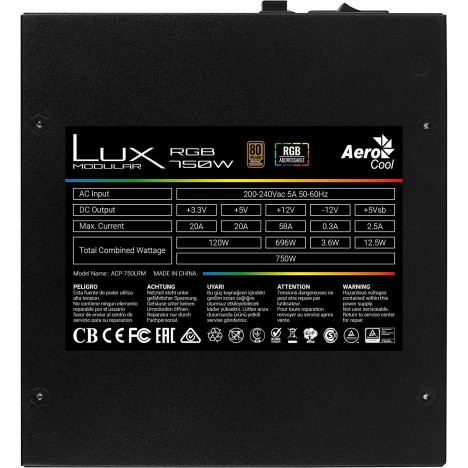 Alimentation Modulaire AEROCOOL Lux RGB M 750W - RGB, 80+ Bronze 230V (f090422) Alimentation Modulaire AEROCOOL Lux RGB M 750W - RGB, 80+ Bronze 230V (f090422)