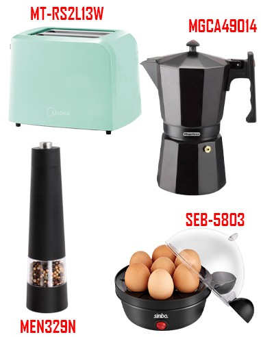 Cuiseur à œufs SINBO + Cafetière MAGEFESA + Grill Pain MIDEA + Moulin à épices électrique LIVOO