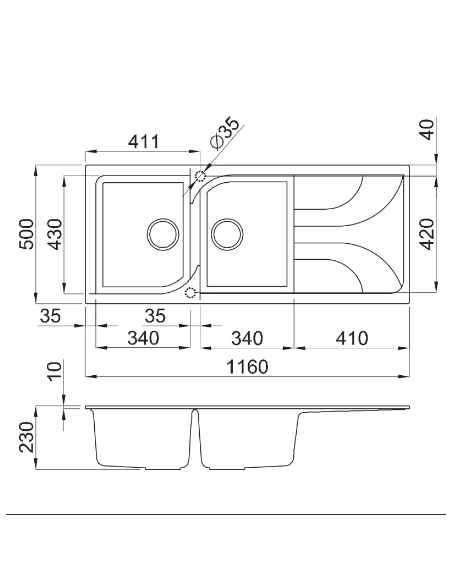 Évier 2 bacs + égouttoir FOCUS F.116W - Blanc
