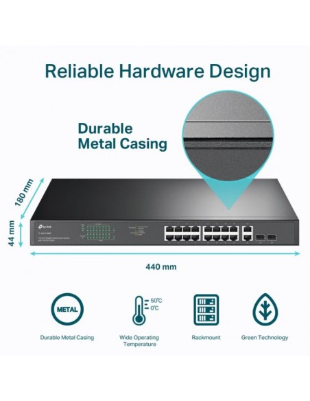 Switch TP-LINK TL-SG1218MPE 16 ports PoE+ 10/100 Mbps + 2 ports Gigabit