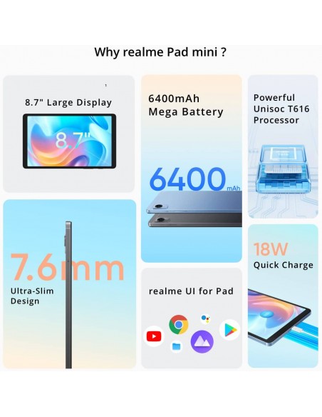 Profitez d'une connectivité sans limite avec la tablette Realme Pad Mini en Tunisie. Profitez d'une connectivité sans limite avec la tablette Realme Pad Mini en Tunisie.