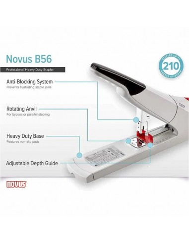 Design élégant et compact - l'agrafeuse à blocs Novus B56/3 se fondra parfaitement dans n'importe quel environnement de travail. Design élégant et compact - l'agrafeuse à blocs Novus B56/3 se fondra parfaitement dans n'importe quel environnement de travail.