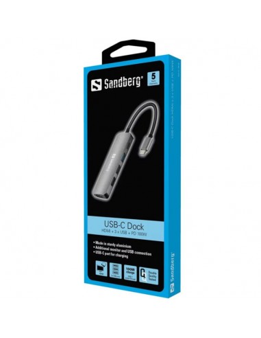 Station d'accueil SANDBERG Dock USB-C HDMI+3xUSB+PD - Gris Station d'accueil SANDBERG Dock USB-C HDMI+3xUSB+PD - Gris