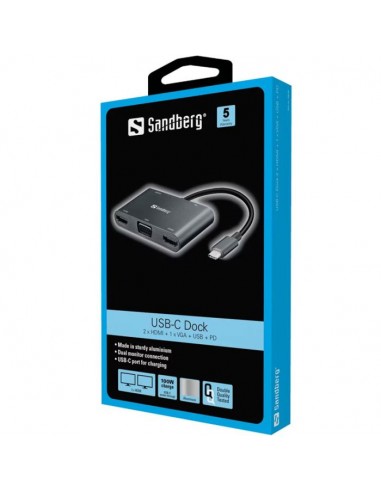 Station d'accueil SANDBERG Dock USB-C 2XHDMI+1XVGA+USB+PD - Gris Station d'accueil SANDBERG Dock USB-C 2XHDMI+1XVGA+USB+PD - Gris