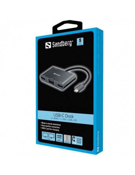 Station d'accueil SANDBERG Dock USB-C 2XHDMI+1XVGA+USB+PD - Gris Station d'accueil SANDBERG Dock USB-C 2XHDMI+1XVGA+USB+PD - Gris