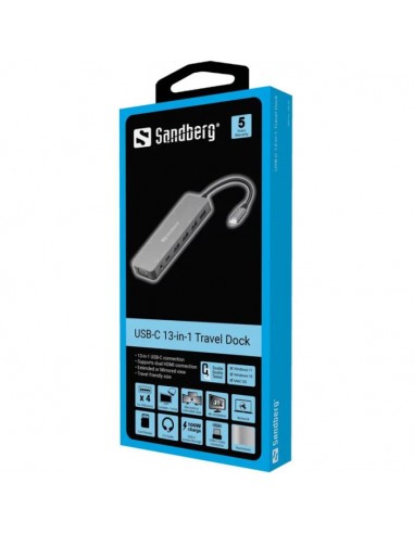 Station d'accueil SANDBERG Dock TRAVEL USB-C 13 en 1 - Gris Station d'accueil SANDBERG Dock TRAVEL USB-C 13 en 1 - Gris