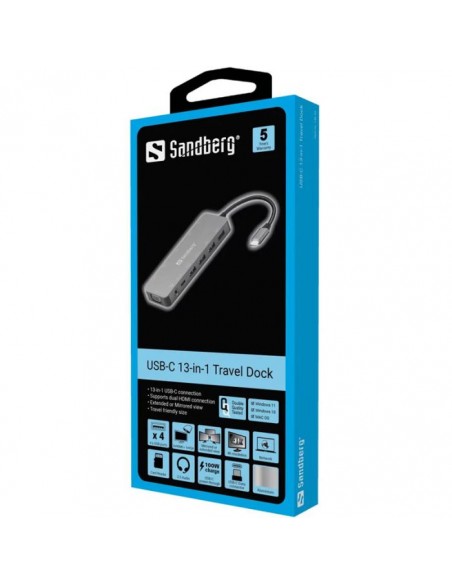 Station d'accueil SANDBERG Dock TRAVEL USB-C 13 en 1 - Gris Station d'accueil SANDBERG Dock TRAVEL USB-C 13 en 1 - Gris