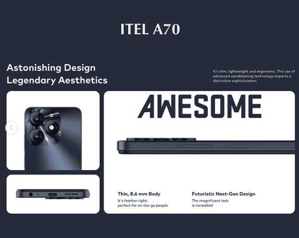 Smartphone ITEL AWESOME A70 4Go 128Go - noir