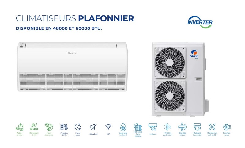 Climatiseur 48000 BTU Plafonnier Inverter GREE silencieux et performant