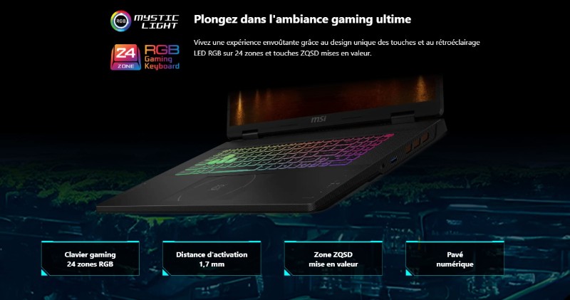 Clavier rétroéclairé bleu du PC portable gamer MSI Crosshair 18