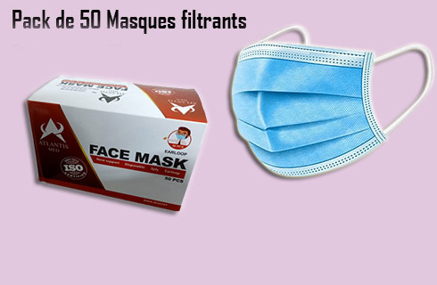 Pack de 50 Masques filtrants - 3 Plis avec &eacute;lastiques - Bavette chirurgicale