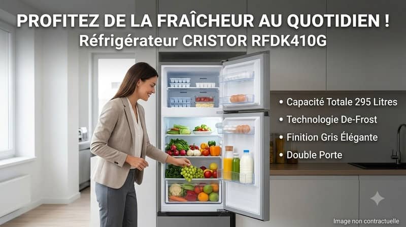 Réfrigérateur CRISTOR RFDK410G gris double porte vu de face