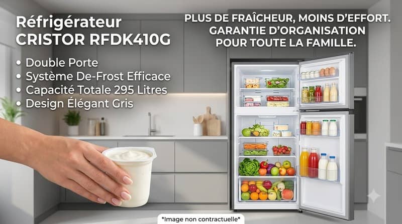 Réfrigérateur CRISTOR RFDK410G gris installé dans une cuisine