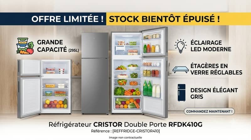 Intérieur du réfrigérateur CRISTOR RFDK410G avec clayettes et rangements