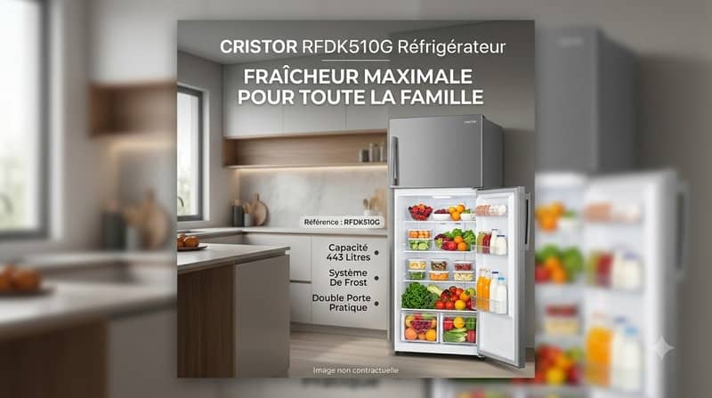 Réfrigérateur Cristor RFDK510G gris double porte 443 litres vue de face